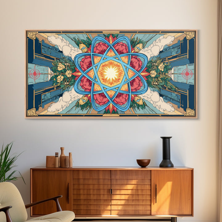 Ornate Atomic Starburst Kaleidoscope Framed Canvas Print, Symmetrical Retro Futurist Poster, Midcentury Modern Wall Art Decor