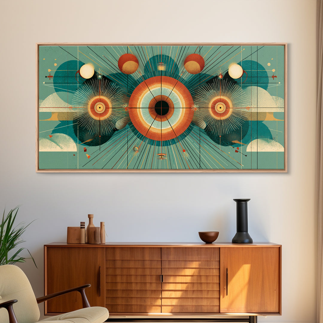 Cosmic Eye With Planets And Sunbursts Wall Art, Atomic Retro Futurist Poster, Midcentury Modern Geometric Teal Decor Print