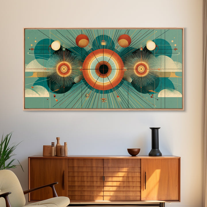 Cosmic Eye With Planets And Sunbursts Wall Art, Atomic Retro Futurist Poster, Midcentury Modern Geometric Teal Decor Print