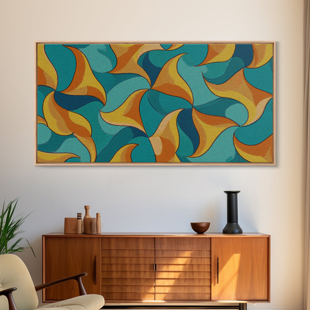 Turquoise Mustard Orange Boomerang Abstract Canvas Print, Midcentury Modern Wall Art, Retro Atomic Home Decor, MCM Living Room Statement Art