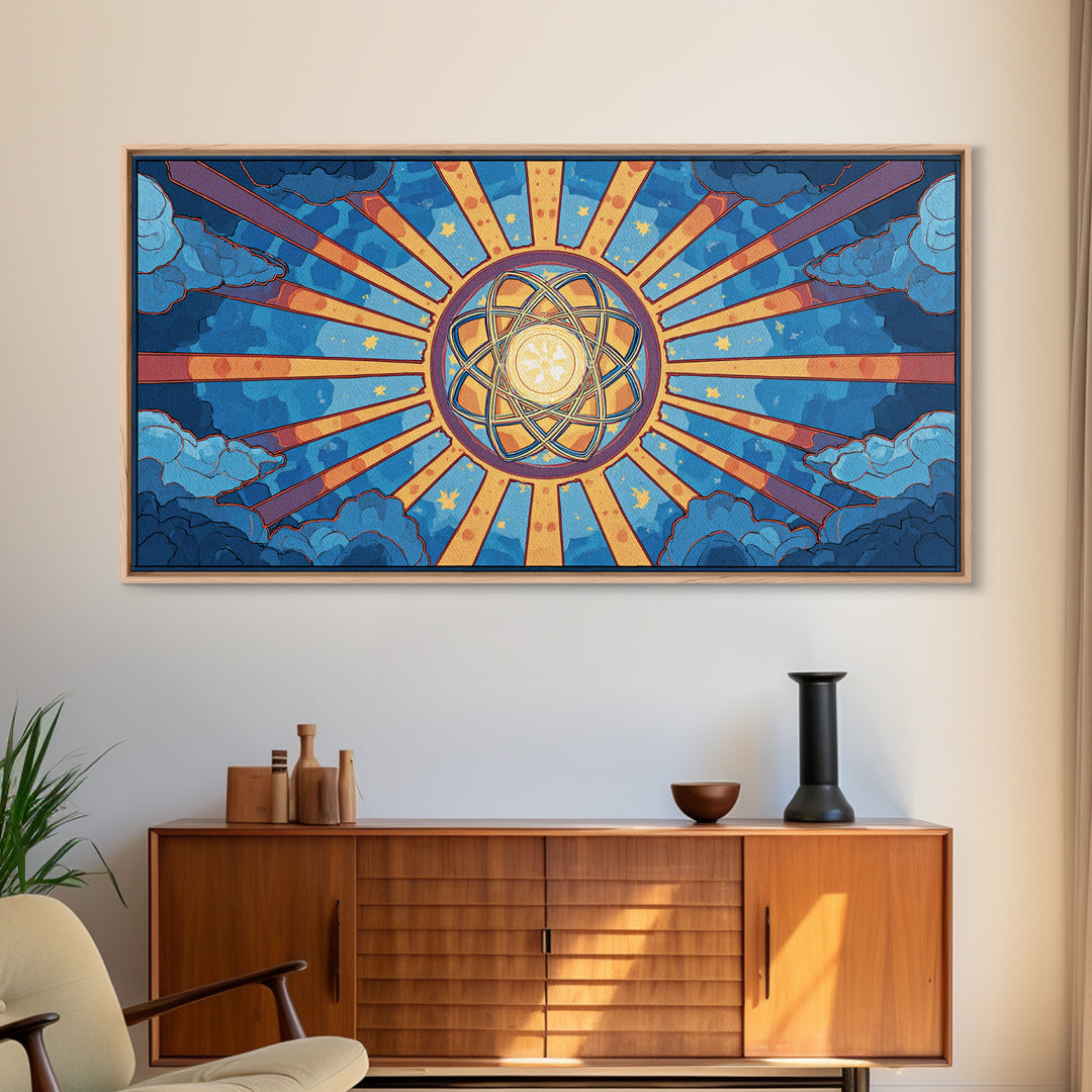 Celestial Atomic Starburst In Blue Clouds Canvas Print, Retro Futurist Midcentury Modern Wall Art, Geometric Poster Decor