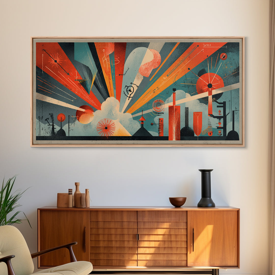 Atomic Orange Teal Geometric Burst Wall Art, Midcentury Modern Decor, Retro Abstract Art Print, Bauhaus Office Home Decor