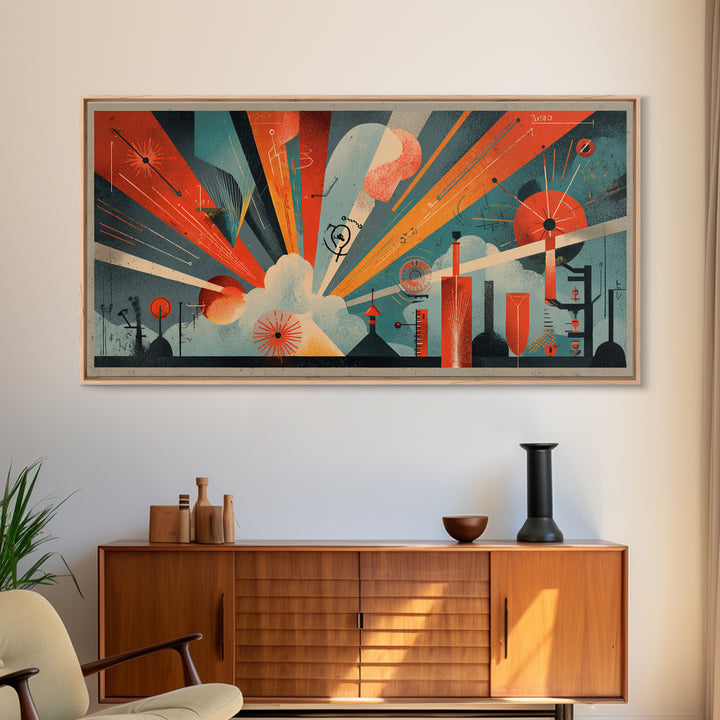 Atomic Orange Teal Geometric Burst Wall Art, Midcentury Modern Decor, Retro Abstract Art Print, Bauhaus Office Home Decor
