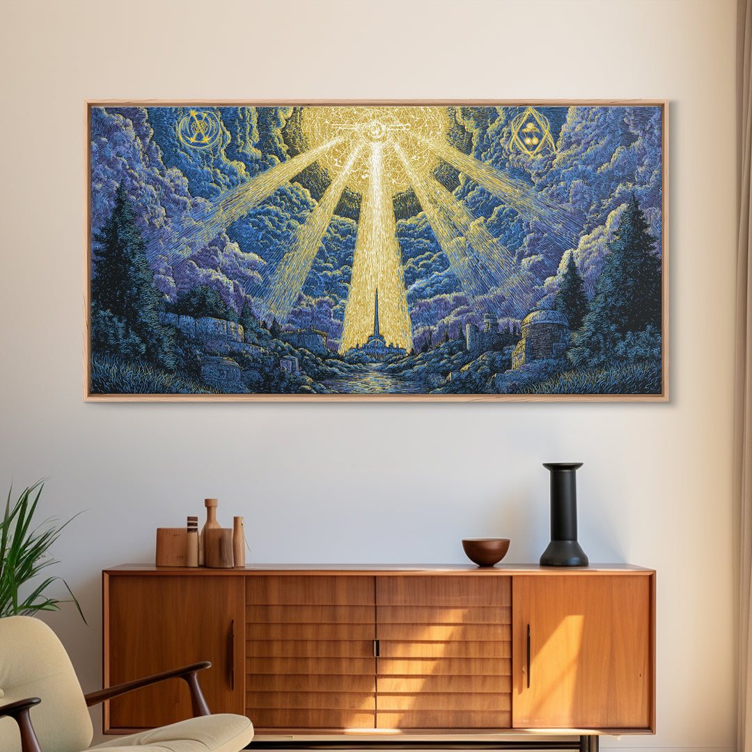 Mystic Mountain Valley With Divine Light Framed Canvas Print, Spiritual Wall Art, Blue Nature Decor, Celestial Home Office