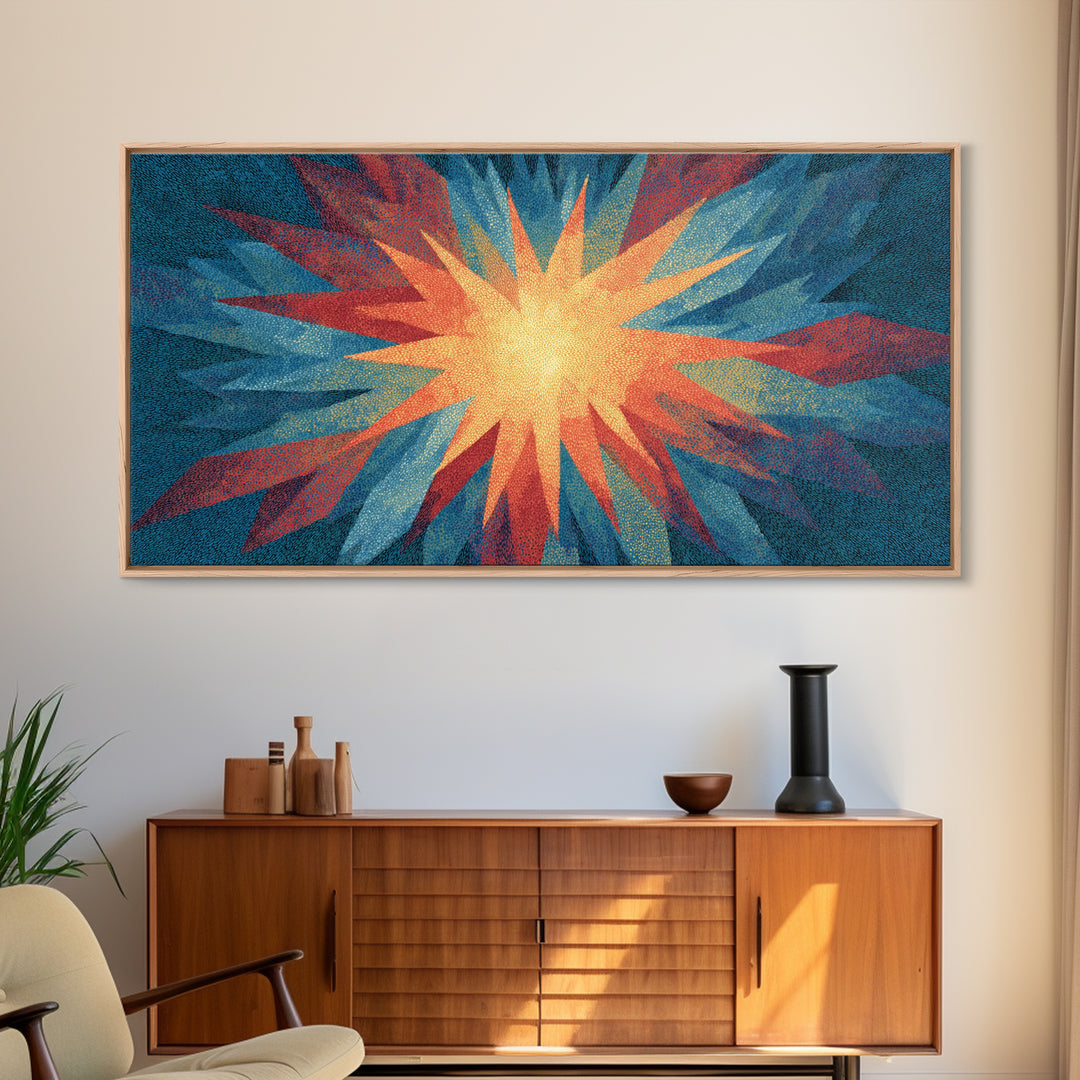 Red Blue Abstract Starburst Canvas Print, Bright Modern Wall Art, Space Abstract Art, Colorful Retro Home Office Decor Print
