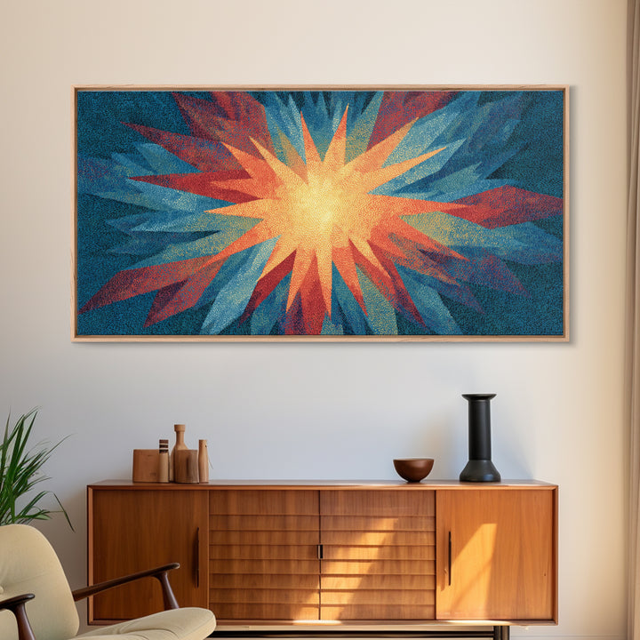 Red Blue Abstract Starburst Canvas Print, Bright Modern Wall Art, Space Abstract Art, Colorful Retro Home Office Decor Print
