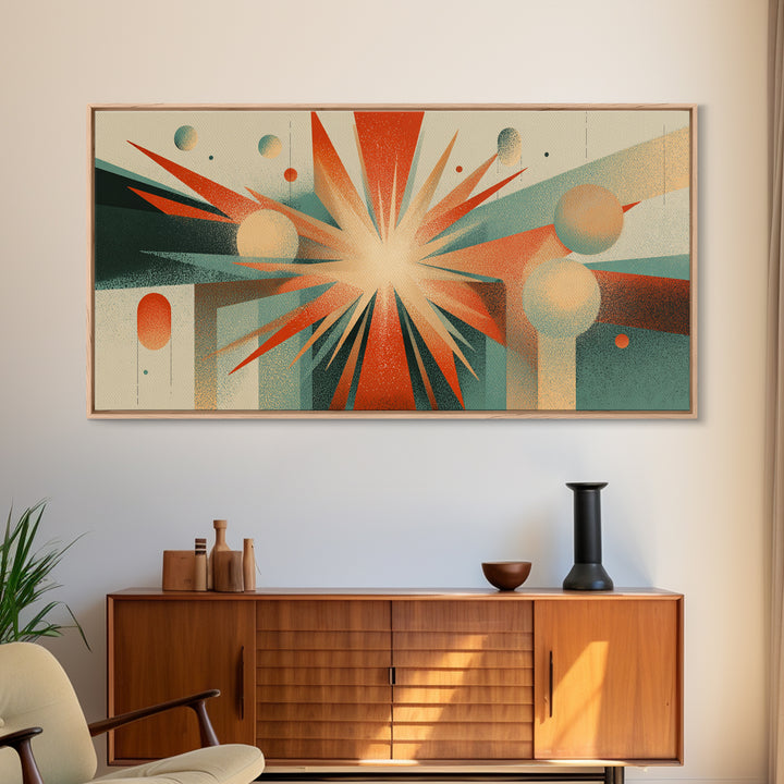 Cream Orange Teal Atomic Starburst Wall Art, Midcentury Modern Art Print, Geometric Abstract Decor, Retro Home Office Decor