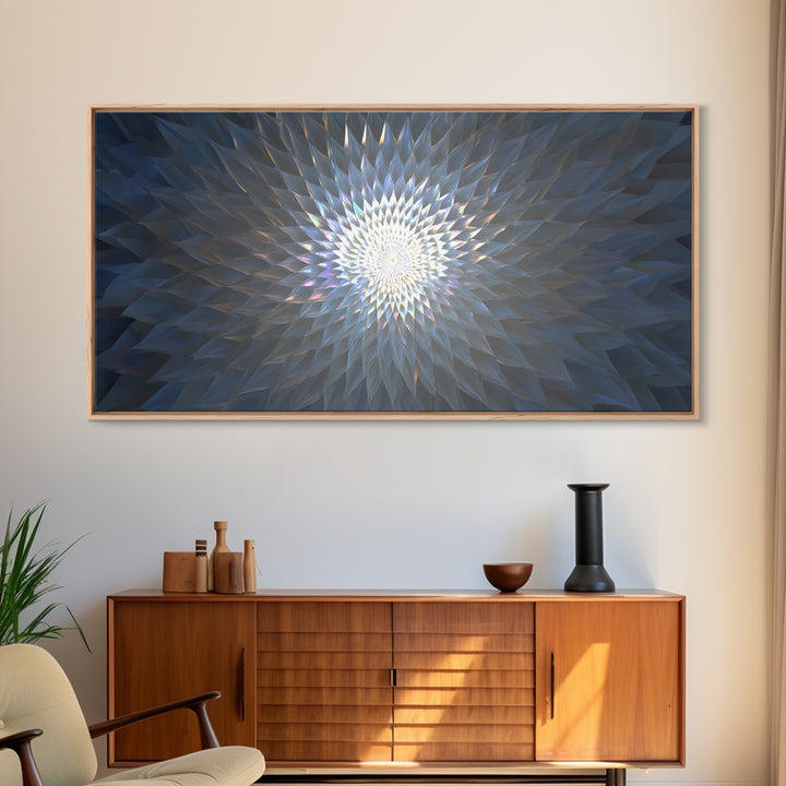 Blue Crystal Radial Mandala Framed Canvas Print, Modern Abstract Wall Art, Geometric Light Decor, Serene Home Office Decor