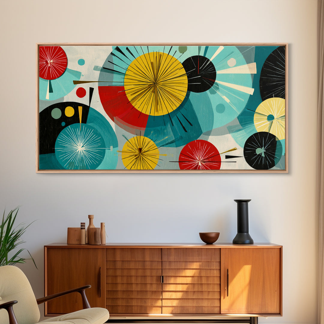 Teal Red Yellow Atomic Circles Wall Art, Midcentury Modern Abstract Art Print, Bauhaus Geometric Decor, Retro Home Office