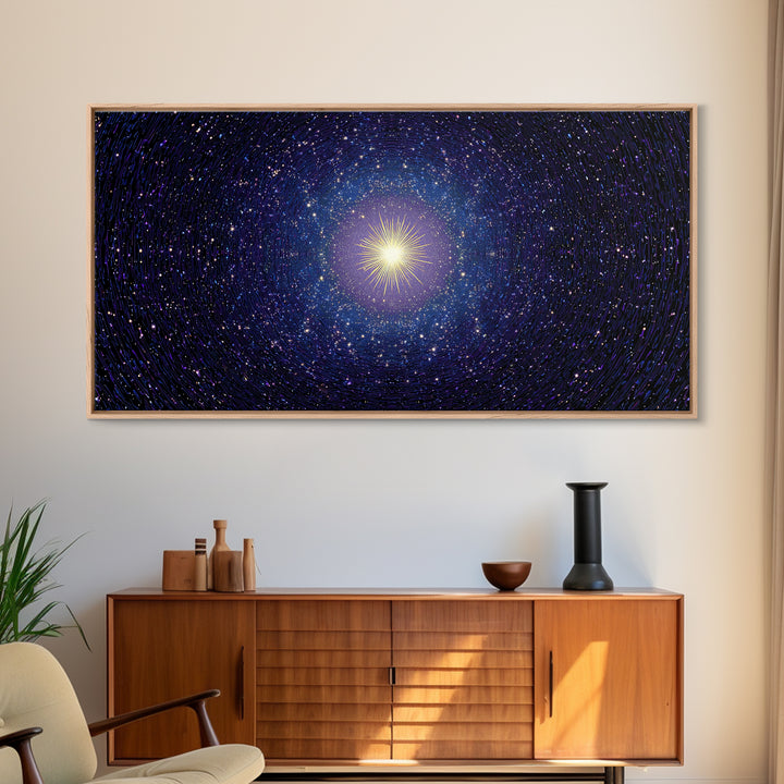 Blue Celestial Starburst Tunnel Canvas Print, Modern Abstract Art, Space Abstract Art, Cosmic Retro Art, Bedroom Wall Art