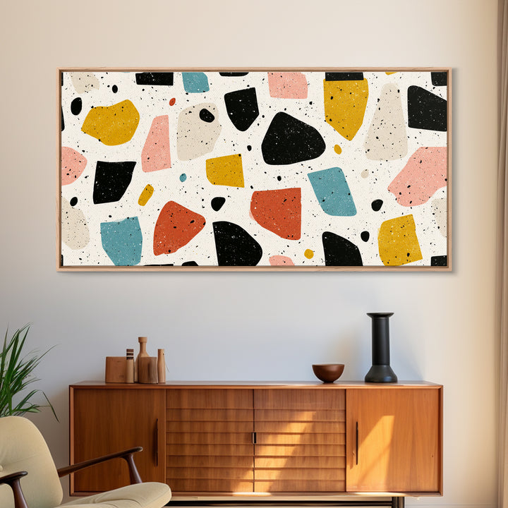 Minimal Cream Terrazzo Shapes Framed Canvas Print, Midcentury Modern, Geometric Wall Art, Abstract Print, Office Decor, Neutral Colors