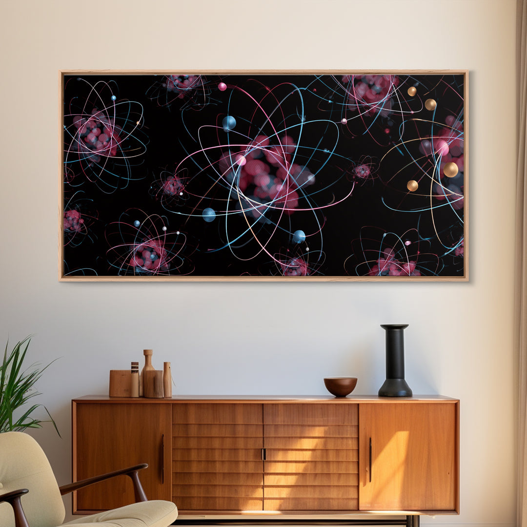 Glowing Pink Atomic Orbits On Black Wall Art, Midcentury Modern Abstract Print, Retro Space Decor, MCM Gallery Wall Home Decor