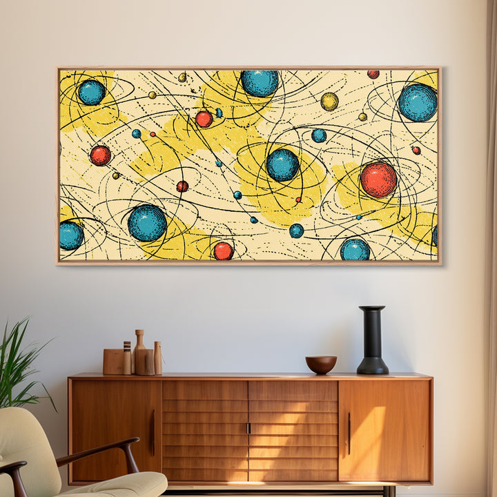 Yellow Blue Atomic Planets Wall Art, Midcentury Modern Abstract Print, Retro Space Poster, Geometric MCM Living Room Decor