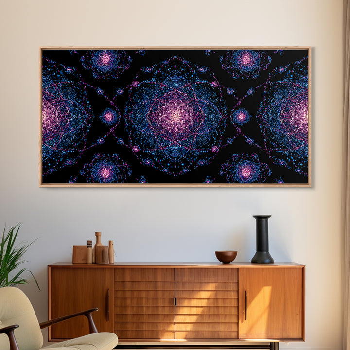 Pink Blue Particle Galaxies Canvas Print, Modern Abstract Wall Art, Cosmic Retro Poster, Space Decor, Colorful MCM Print