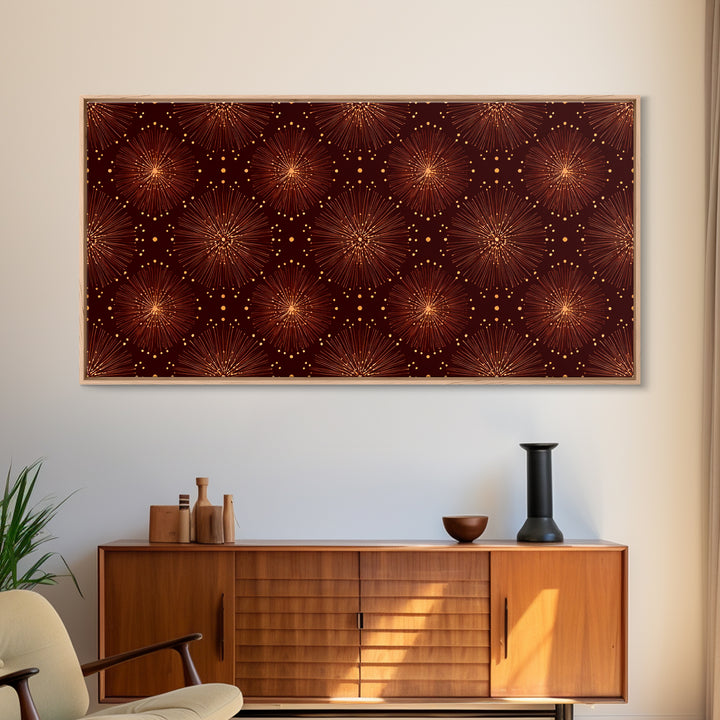 Gold Starburst Atomic Pattern Wall Art, Midcentury Modern Canvas Print, Retro 1950s Decor, Geometric MCM Home Poster For Living Room