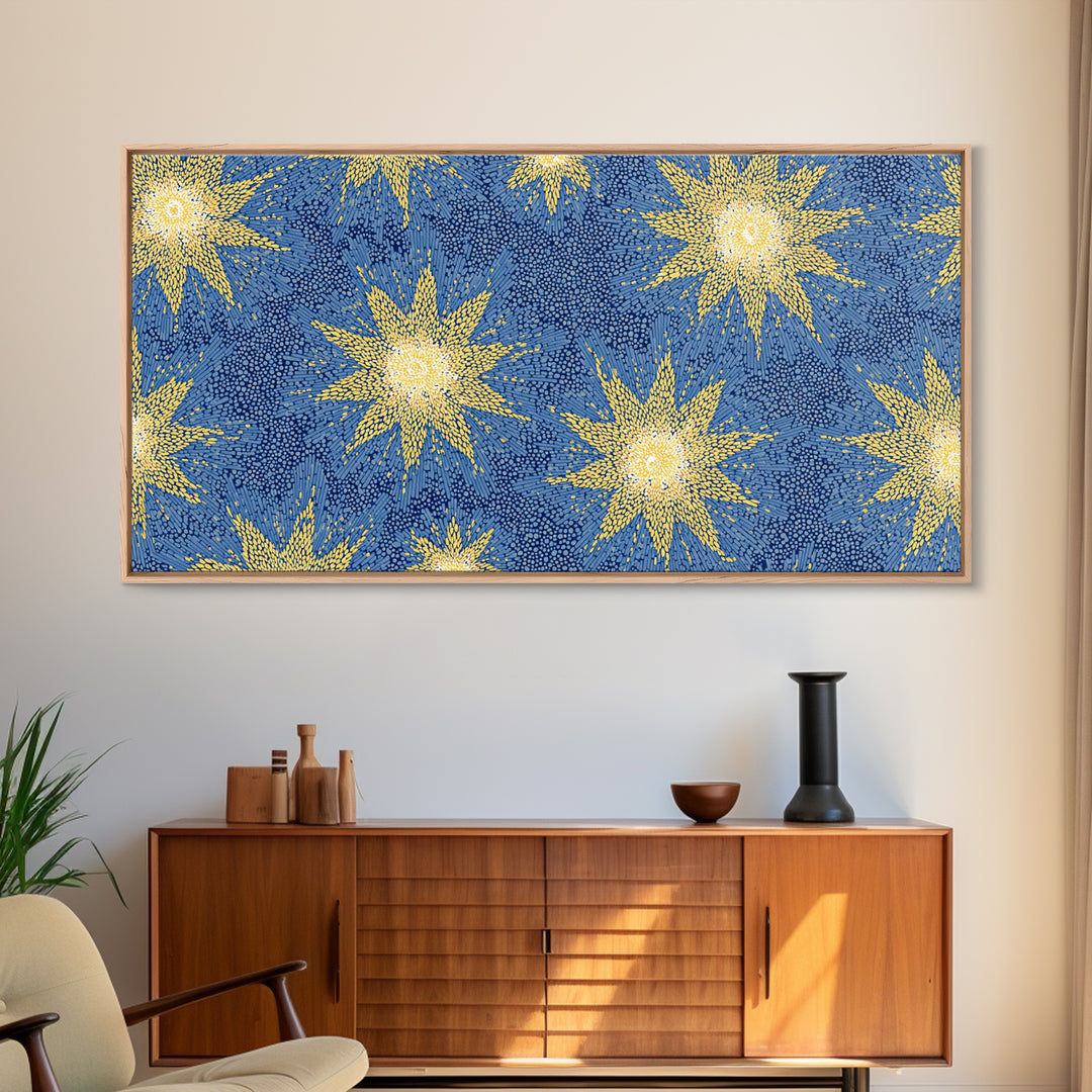 Blue Yellow Atomic Starbursts Canvas Print, Midcentury Modern Wall Art, Retro Space Decor, Bold MCM Gallery Wall Poster Print