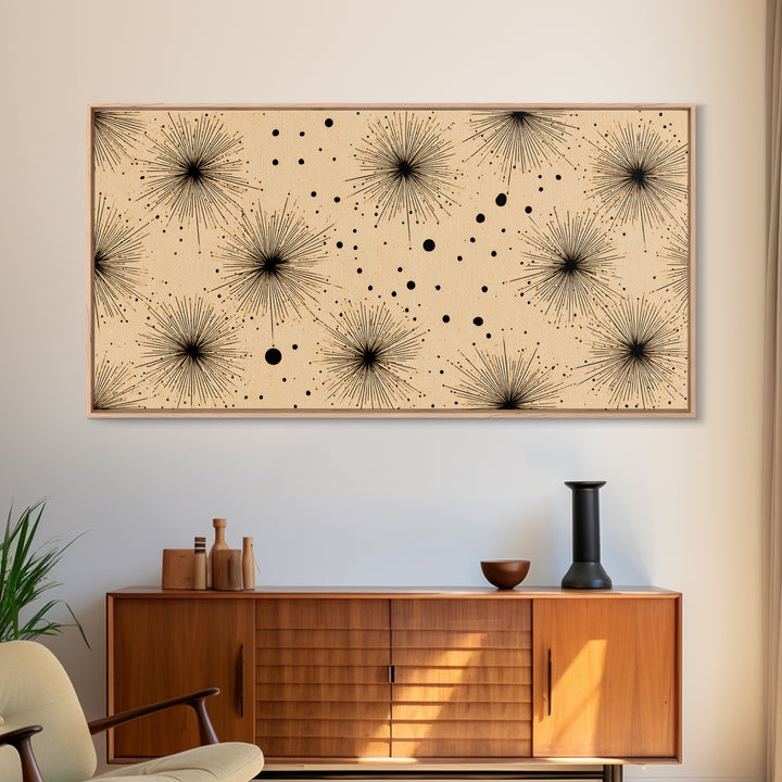 Black Atomic Starburst Dots Wall Art, Midcentury Modern Minimalist Canvas Print, Retro Geometric Decor, Neutral MCM Poster