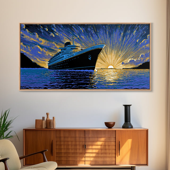 Dramatic Cruise Ship Sunset Canvas Print, Retro Travel Poster, Ocean Liner Wall Decor, Blue Gold Nautical Living Room Art