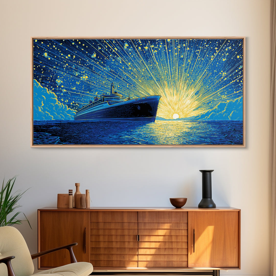 Blue Cruise Ship Sunrise Wall Art, Retro Ocean Liner Poster, Nautical Coastal Decor, Dramatic Sunset Print For Living Room