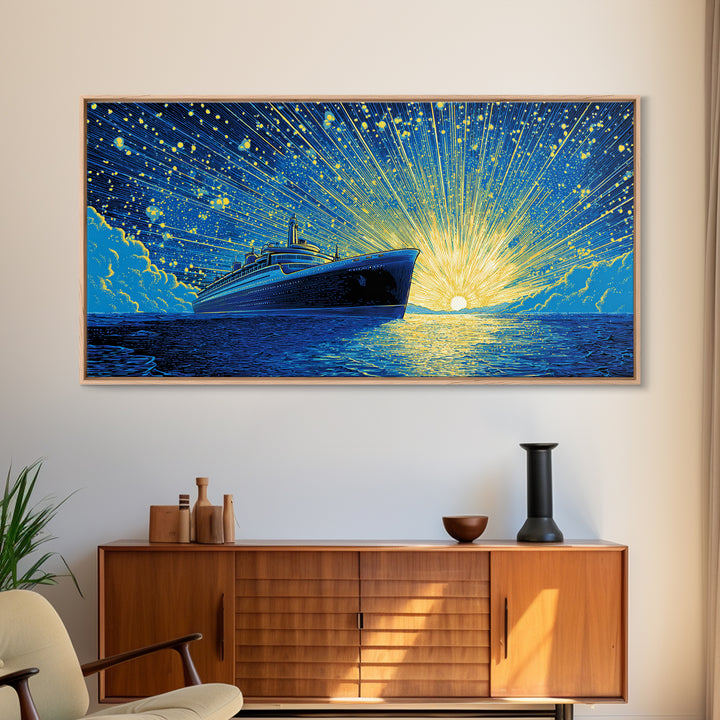 Blue Cruise Ship Sunrise Wall Art, Retro Ocean Liner Poster, Nautical Coastal Decor, Dramatic Sunset Print For Living Room