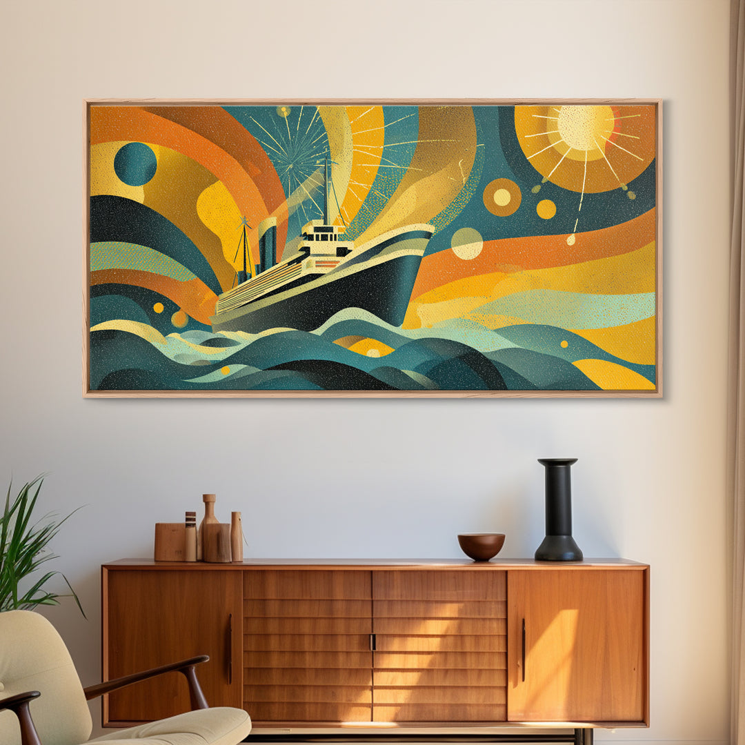 Midcentury Yacht At Sea Canvas Print, Abstract Sun Waves Wall Decor, Retro Modern Ocean Poster, Colorful Nautical Home Art