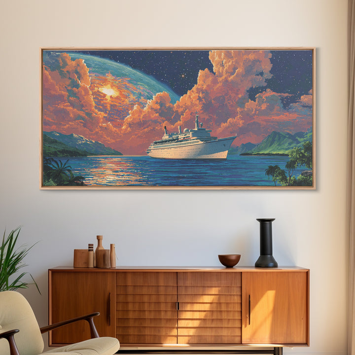 Tropical Cruise Ship Moonrise Wall Art, Dreamy Island Ocean Poster, Scenic Travel Print, Colorful Coastal Living Room Decor