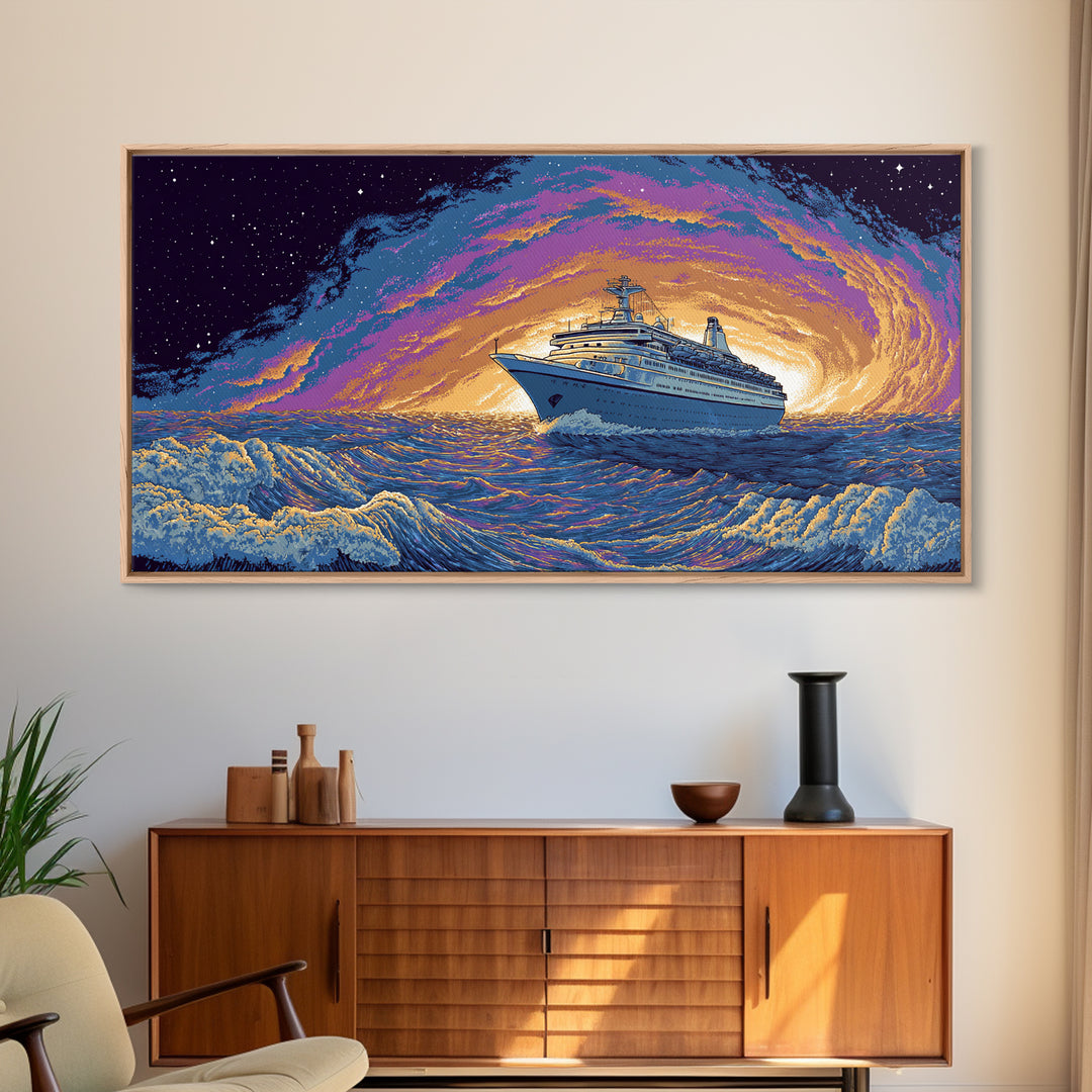 Starry Cruise Ship Vortex Canvas Print, Retro Futuristic Ocean Poster, Purple Orange Wave Wall Decor, Cosmic Nautical Art