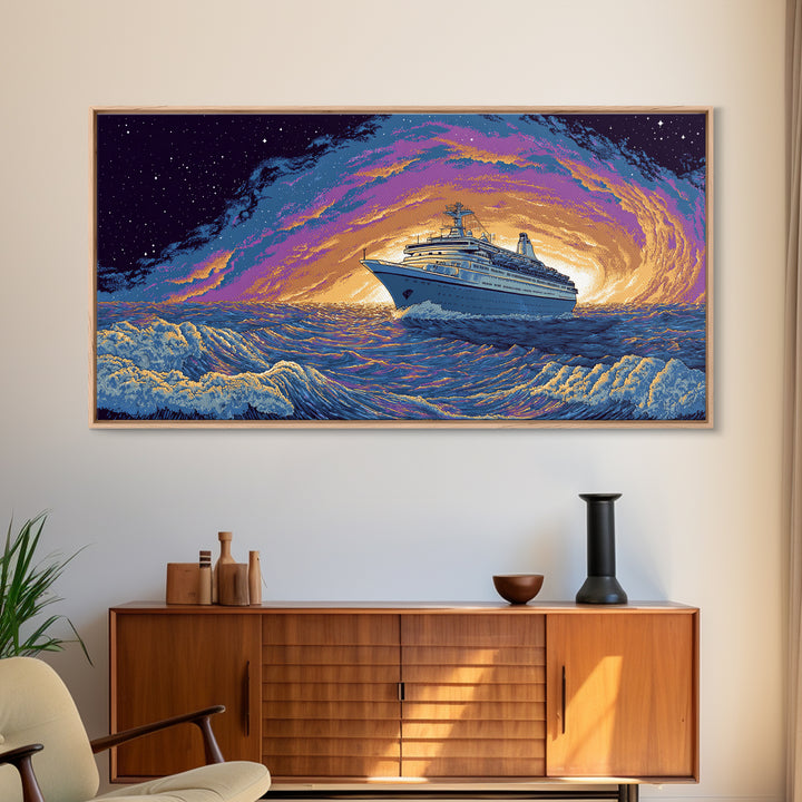 Starry Cruise Ship Vortex Canvas Print, Retro Futuristic Ocean Poster, Purple Orange Wave Wall Decor, Cosmic Nautical Art