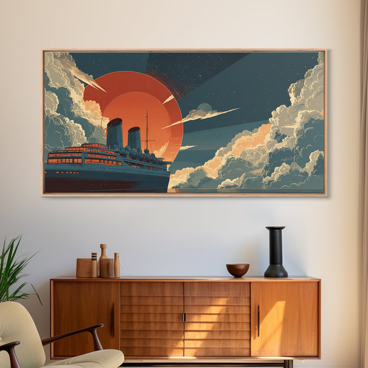 Ocean Liner Red Sun Wall Art, Retro Futuristic Steamship Poster, Art Deco Clouds, Nautical Travel Decor For Living Room Art