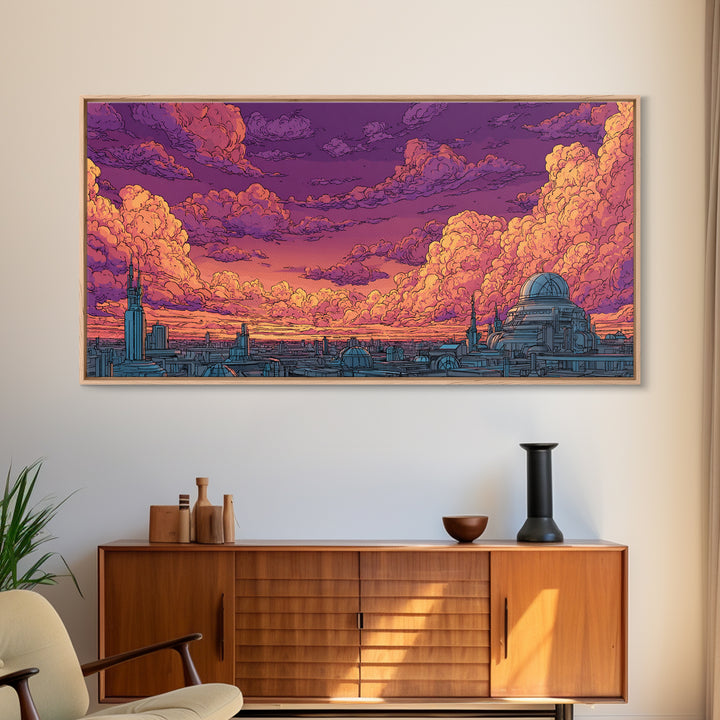 Purple Sunset City Skyline Canvas Print, Retro Futuristic Architecture Poster, Cloudscape Wall Decor, Modern Urban Home Art