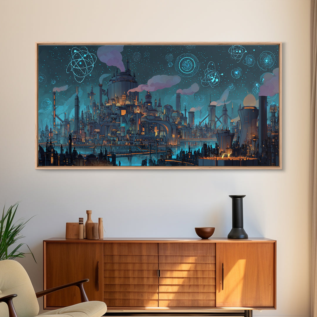 Teal Atomic Industrial Futuristic City Skyline Wall Art, Midcentury Modern Art Print, Retro Sci Fi Office Decor Poster Gift