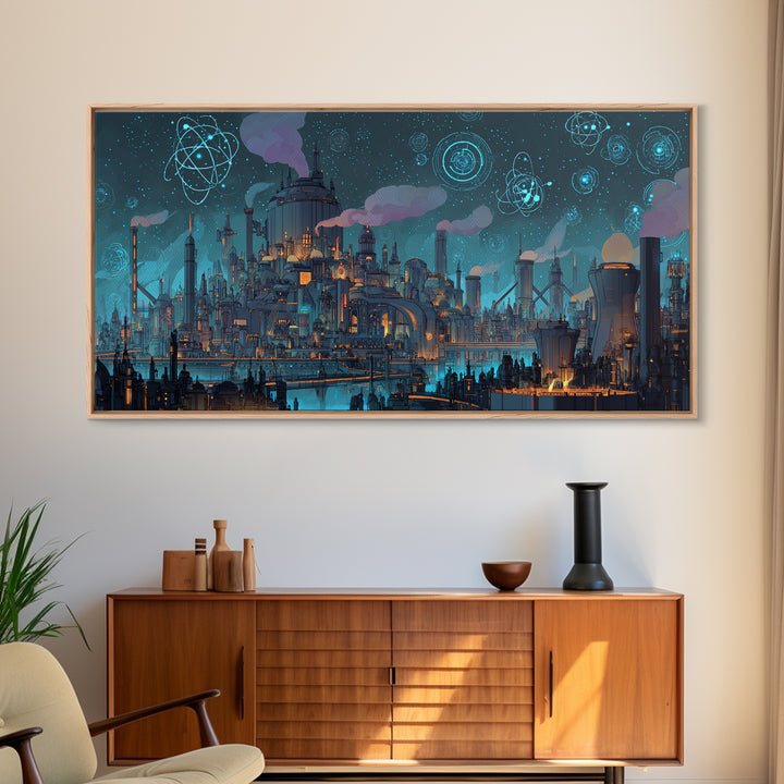 Teal Atomic Industrial Futuristic City Skyline Wall Art, Midcentury Modern Art Print, Retro Sci Fi Office Decor Poster Gift