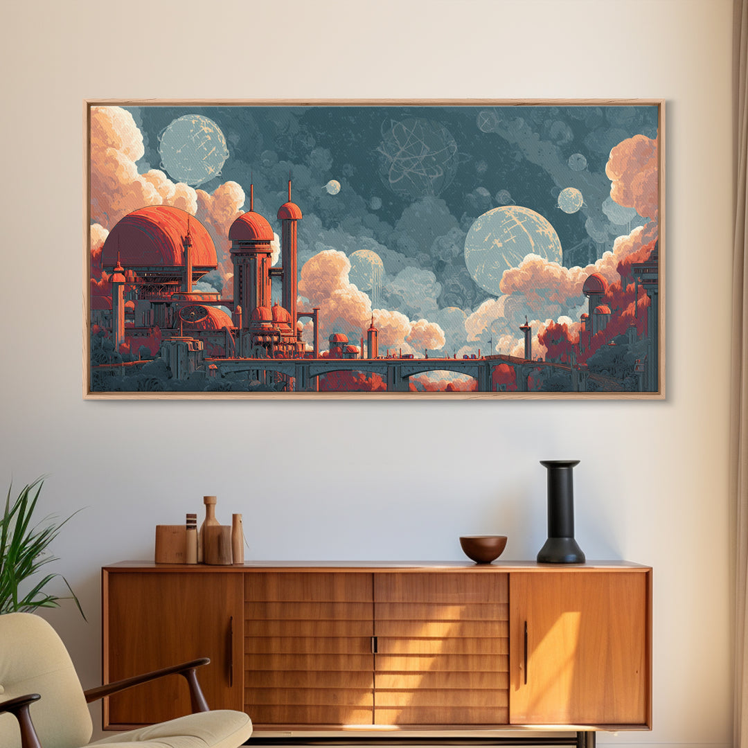 Coral Domed Retro Futurist Cloud City Canvas Print, Midcentury Modern Wall Art, Atomic Space Age Living Room Decor Poster Gift
