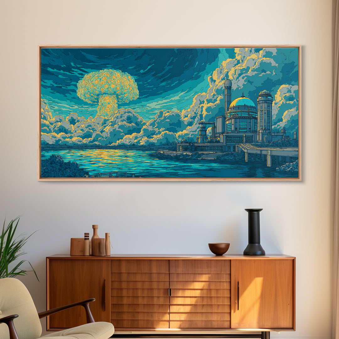 Mushroom Cloud Over Teal Ocean And Dome City Framed Canvas Print, Retro Sci Fi Wall Art, Atomic Midcentury Modern Decor Poster