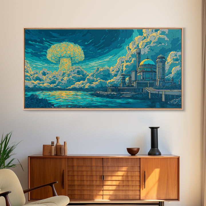 Mushroom Cloud Over Teal Ocean And Dome City Framed Canvas Print, Retro Sci Fi Wall Art, Atomic Midcentury Modern Decor Poster
