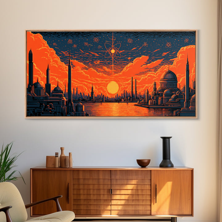 Orange Atomic Sunset Futuristic River Skyline Wall Art, Midcentury Modern Poster, Retro Sci Fi Cityscape Home Office Decor
