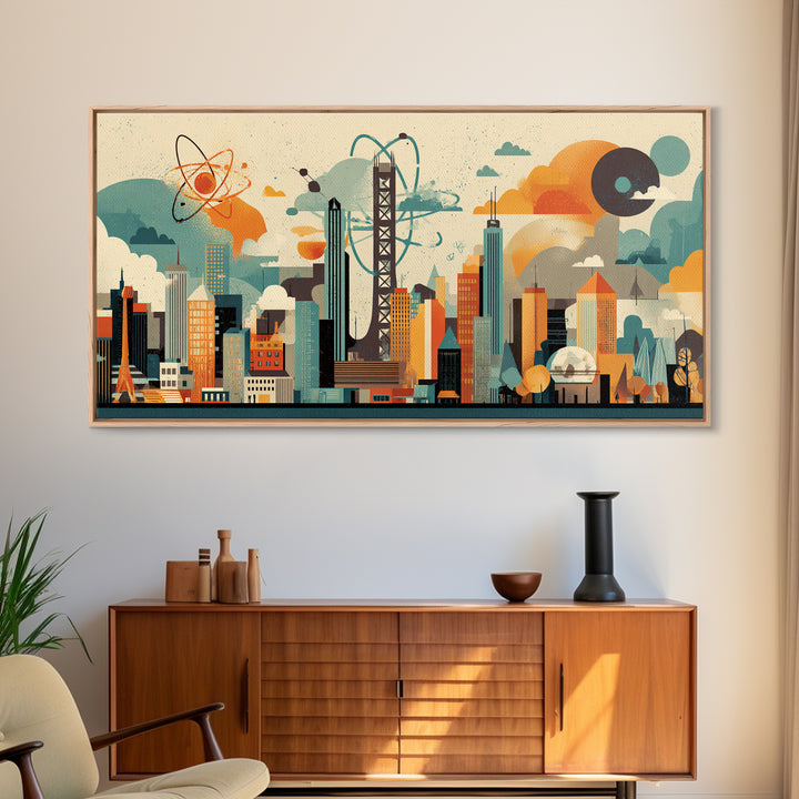 Collage Atomic Bridge City Skyline Canvas Print, Midcentury Modern Wall Art, Geometric Retro Poster, Colorful Office Decor