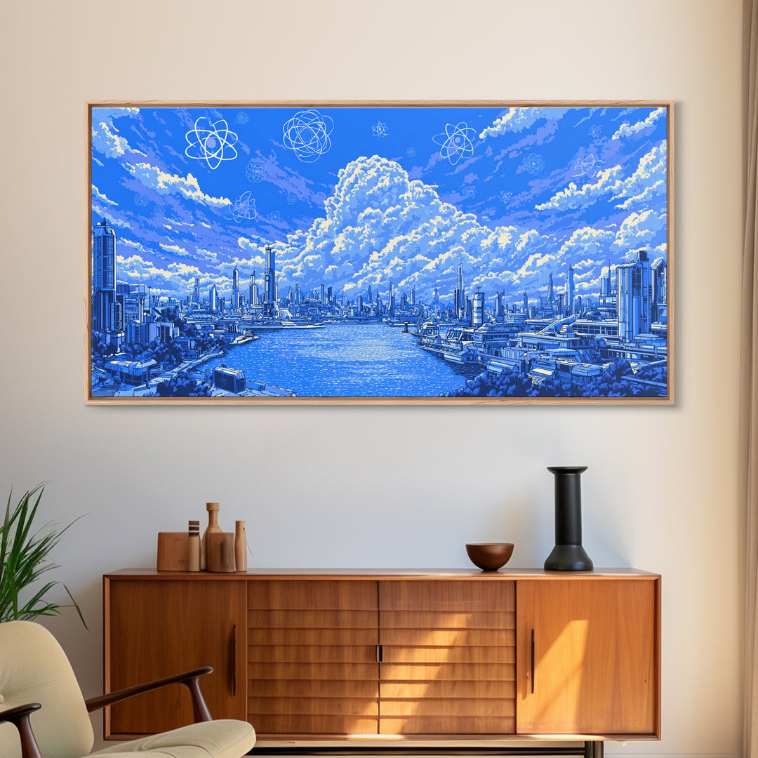 Blue Futuristic Harbor City With Atomic Clouds Wall Art, Modern Art Print, Midcentury Decor, Sci Fi Living Room Poster Gift