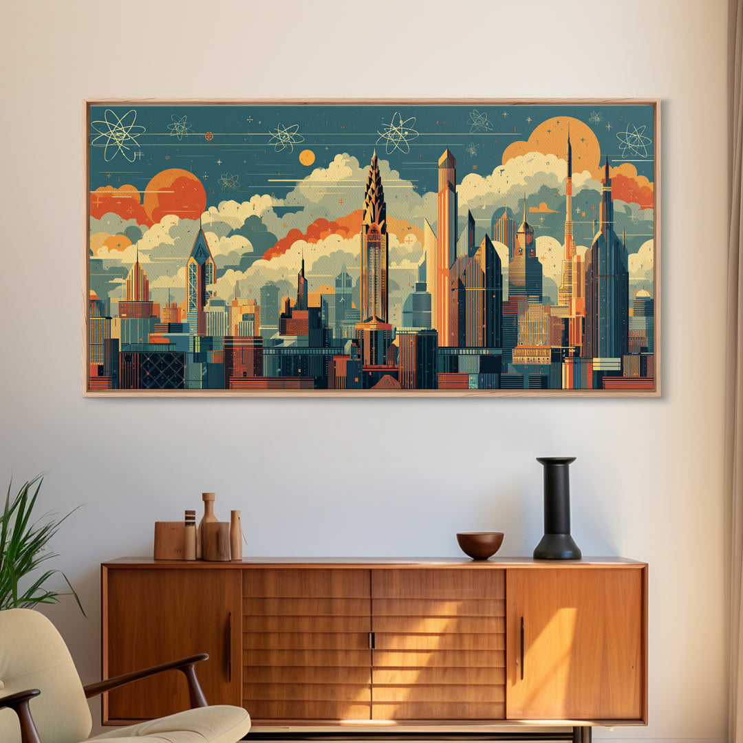Retro Atomic Skyscraper City At Orange Sun Canvas Print, Midcentury Modern Wall Art, Space Age Skyline Office Decor Poster