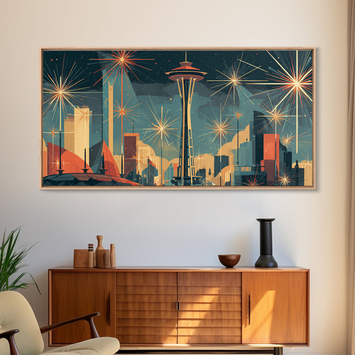 Seattle Space Needle Starburst Skyline Wall Art, Midcentury Modern Art Print, Retro Atomic Cityscape Office Decor Poster