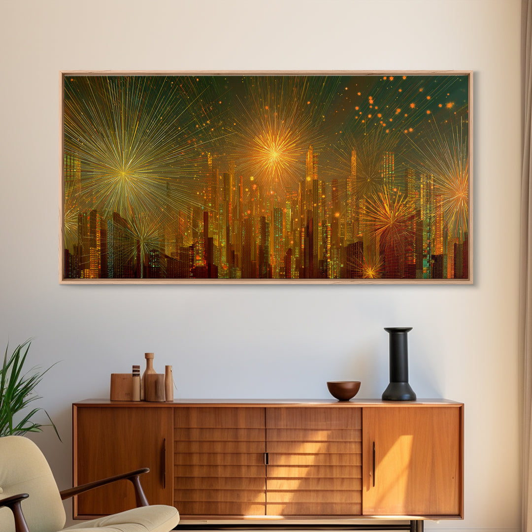 Golden Fireworks Futuristic City Skyline Framed Canvas Print, Modern Wall Art, Midcentury Retro Decor, Large Statement Poster