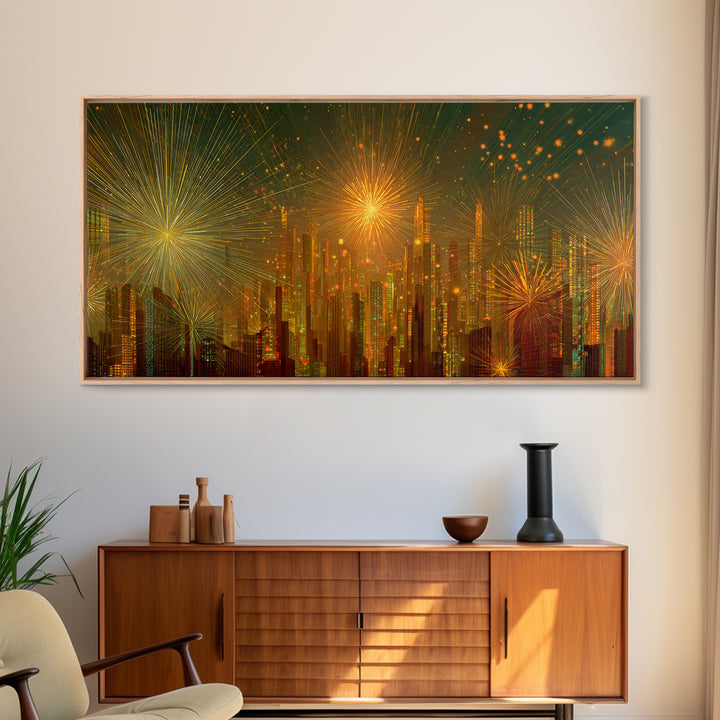 Golden Fireworks Futuristic City Skyline Framed Canvas Print, Modern Wall Art, Midcentury Retro Decor, Large Statement Poster