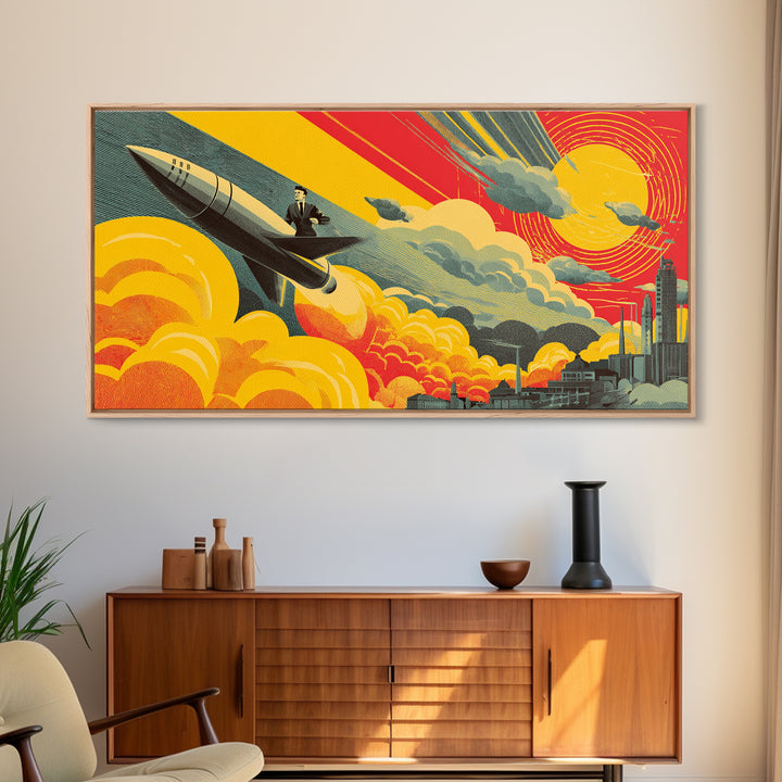 Rocket Commuter Cityscape Wall Art, Retro Futurism Poster, Midcentury Modern Decor, Atomic Space Age Office Print, Gift Idea