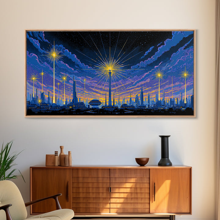 Blue Purple Night Skyline With Starburst Lights Canvas Print, Retro Sci Fi Wall Art, Midcentury Modern Cityscape Decor Poster