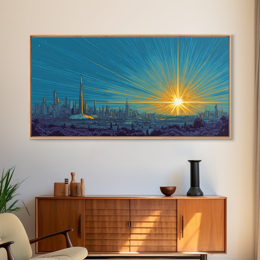 Futuristic Skyline Sunrise With Golden Rays, Mid Century Modern Wall Art, Retro Sci Fi Cityscape Print, Living Room Decor