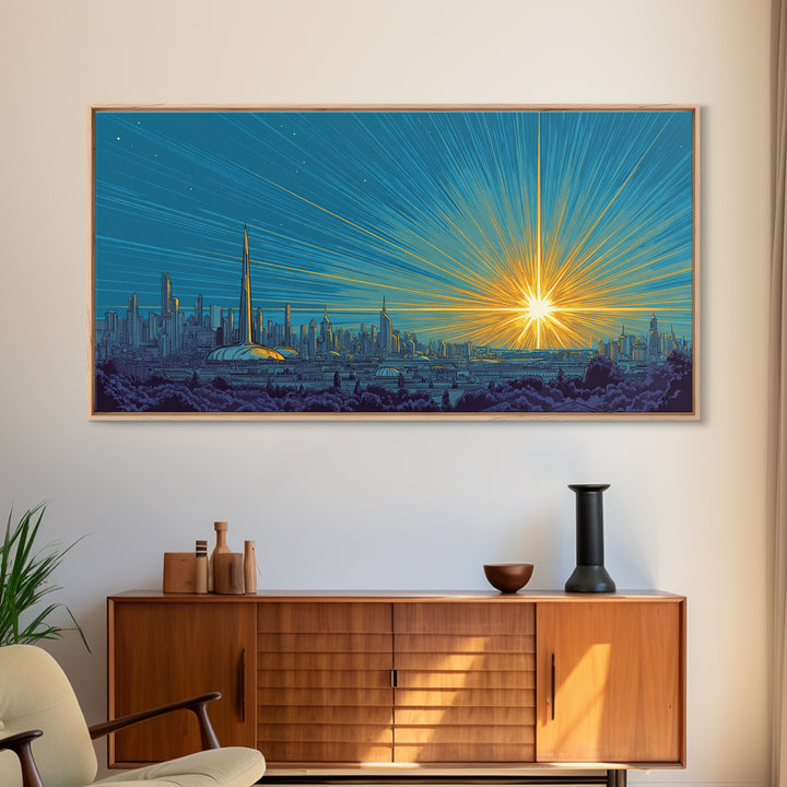 Futuristic Skyline Sunrise With Golden Rays, Mid Century Modern Wall Art, Retro Sci Fi Cityscape Print, Living Room Decor