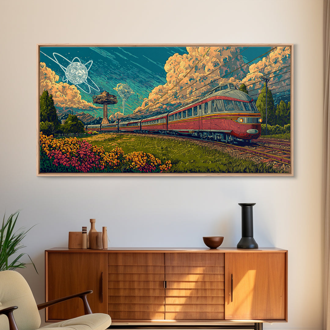 Red Passenger Train Through Flower Fields, Mid Century Modern Wall Art, Retro Travel Poster, Scenic Landscape Decor Print