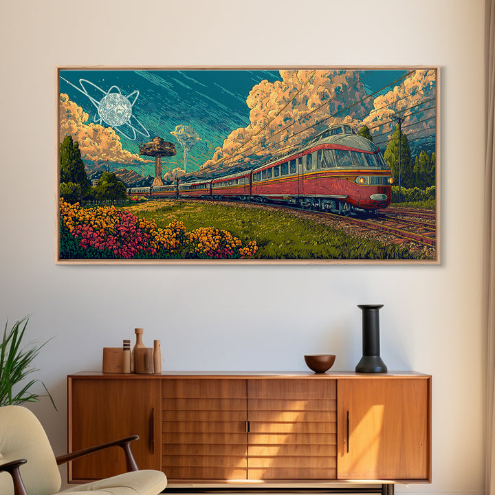 Red Passenger Train Through Flower Fields, Mid Century Modern Wall Art, Retro Travel Poster, Scenic Landscape Decor Print