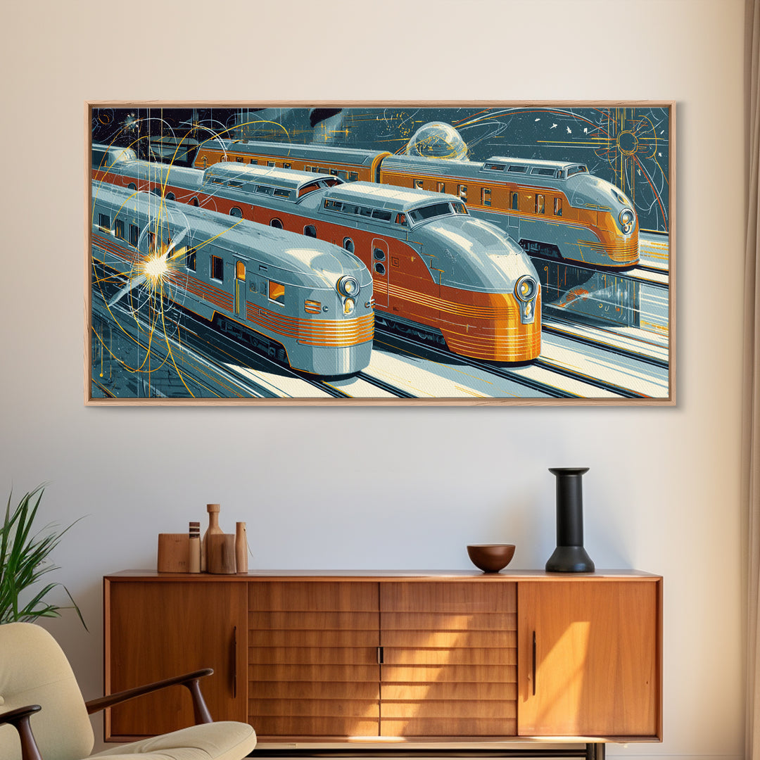 Silver Gold Futuristic Streamliner Trains, Mid Century Modern Wall Art, Atomic Railroad Poster, Retro Transportation Decor