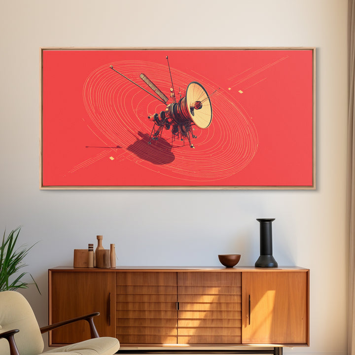 Red Space Probe With Orbital Rings, Mid Century Modern Wall Art, Retro Sci Fi Satellite Poster, Minimalist Space Decor Print